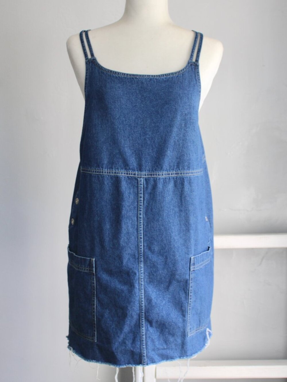 True Blue VTG Y2K Blue Denim Overall Shift Distressed Mini Dress Size Medium